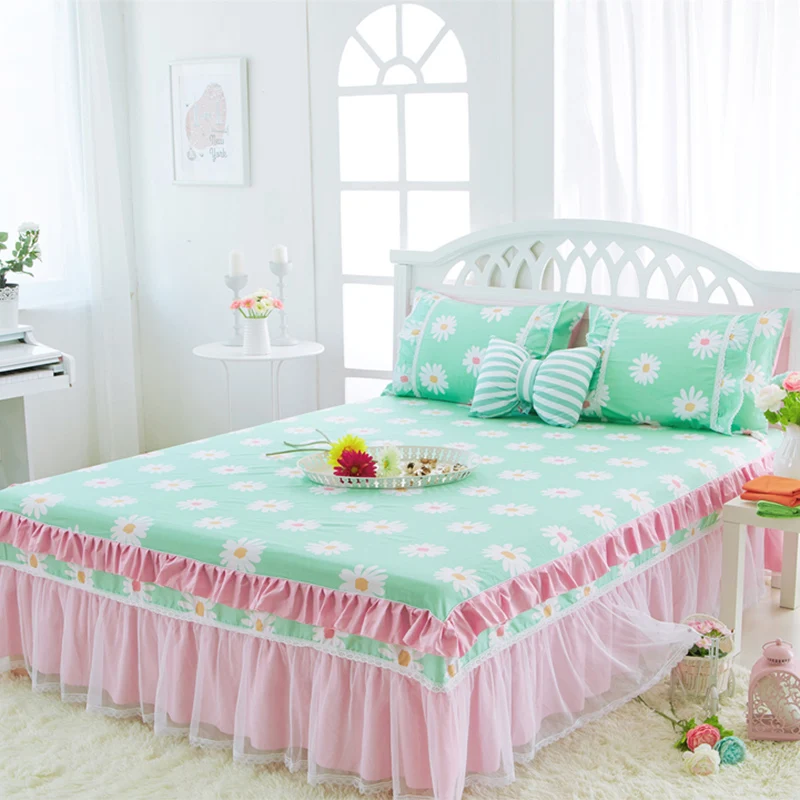 ROMORUS 3-Piece/Set Princess Lace Bed Skirt Set Pure Cotton Soft Sheet Quality Bedspread for Girls King Queen Full Twin Size | Дом и сад