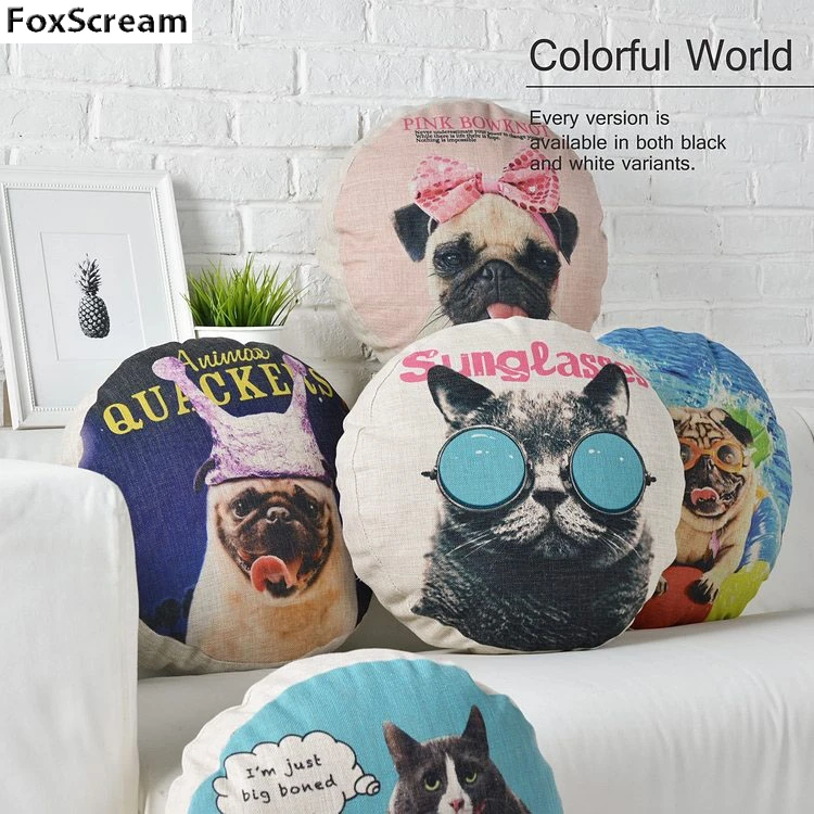 Pug Dog Pillow Round Decorative Pillows Cases Sofa Blue Linen Cotton Throw Cushion Home Decor Pillowcase | Дом и сад