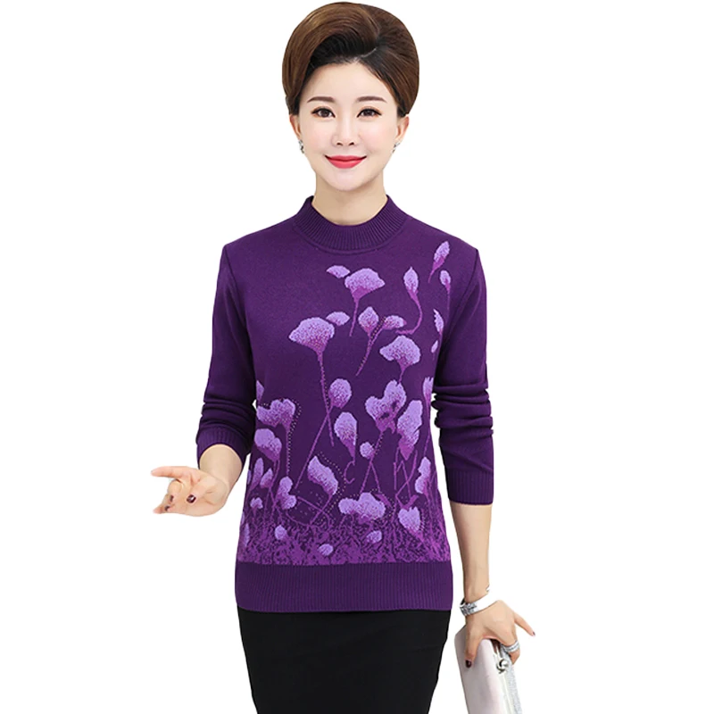 

Knitted Bottom Shirt Pullover Sweater Autumn Winter Women Jumper Middle Age Mother Flare Floral Printed Lady Knitwear Tops XH992