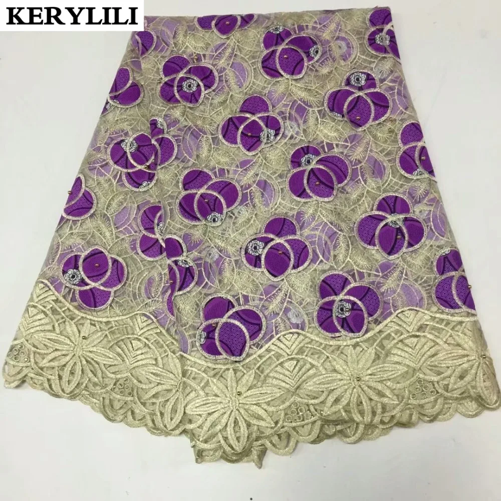 KER YLILI новая фиолетовая африканская восковая ткань тюль кружево золотая линия