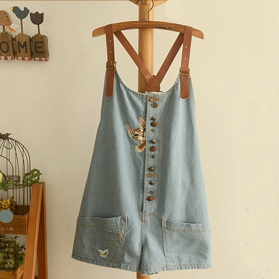 

Casual Short Blue Jean Rompers Cat Embroidery Jumpsuits For Summer Japanese Mori Girl Denim Overalls Loose Playsuit Overol Mujer