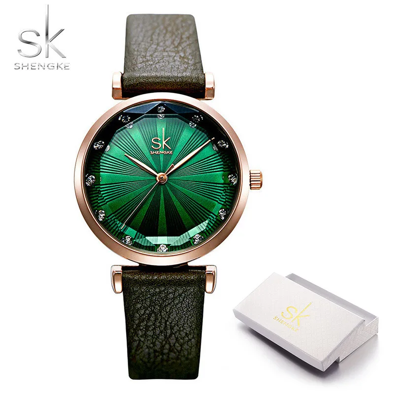 green with box Shengke женские часы новые женские роскошные часы кварцевые наручные часы с кожаным ремешком модные повседневные водонепроницаемые часы подарок - Цвет: green with box