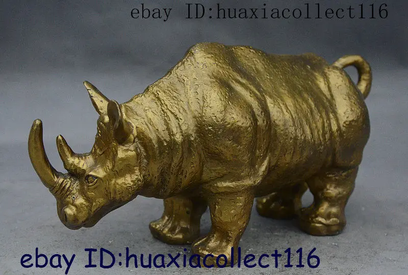 9 &quotНародная китайская латунная медная ручная резная рогатая статуя носорога