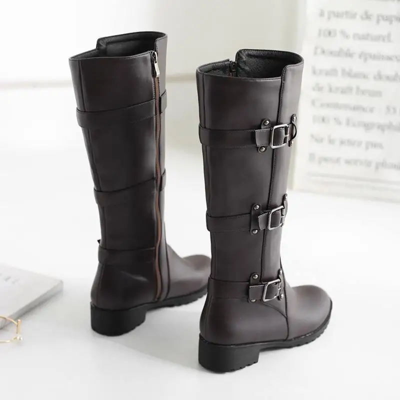 ASILETO Knee High boots women Motorcycle Boots flat Heels Buckle Shoes woman autumn Winter Riding botte booties bota D474|Сапоги до