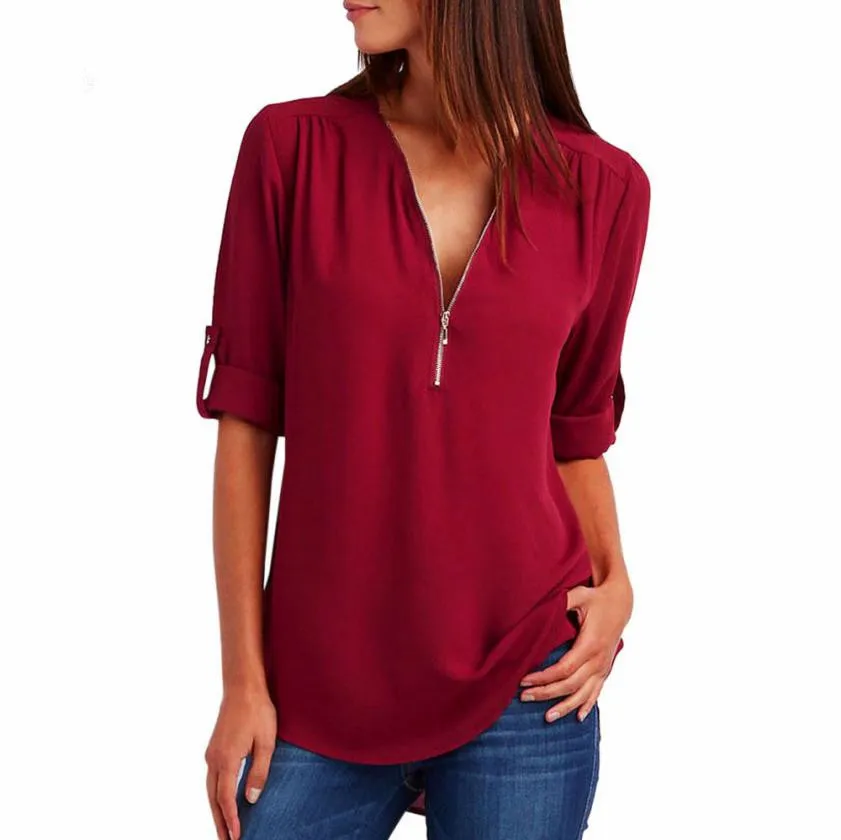 2018 New Shirts Spring Summer Fashion Women Tops Casual Street Half Sleeve V-Neck Blouse Loose Plus Size Zipper Chiffon |