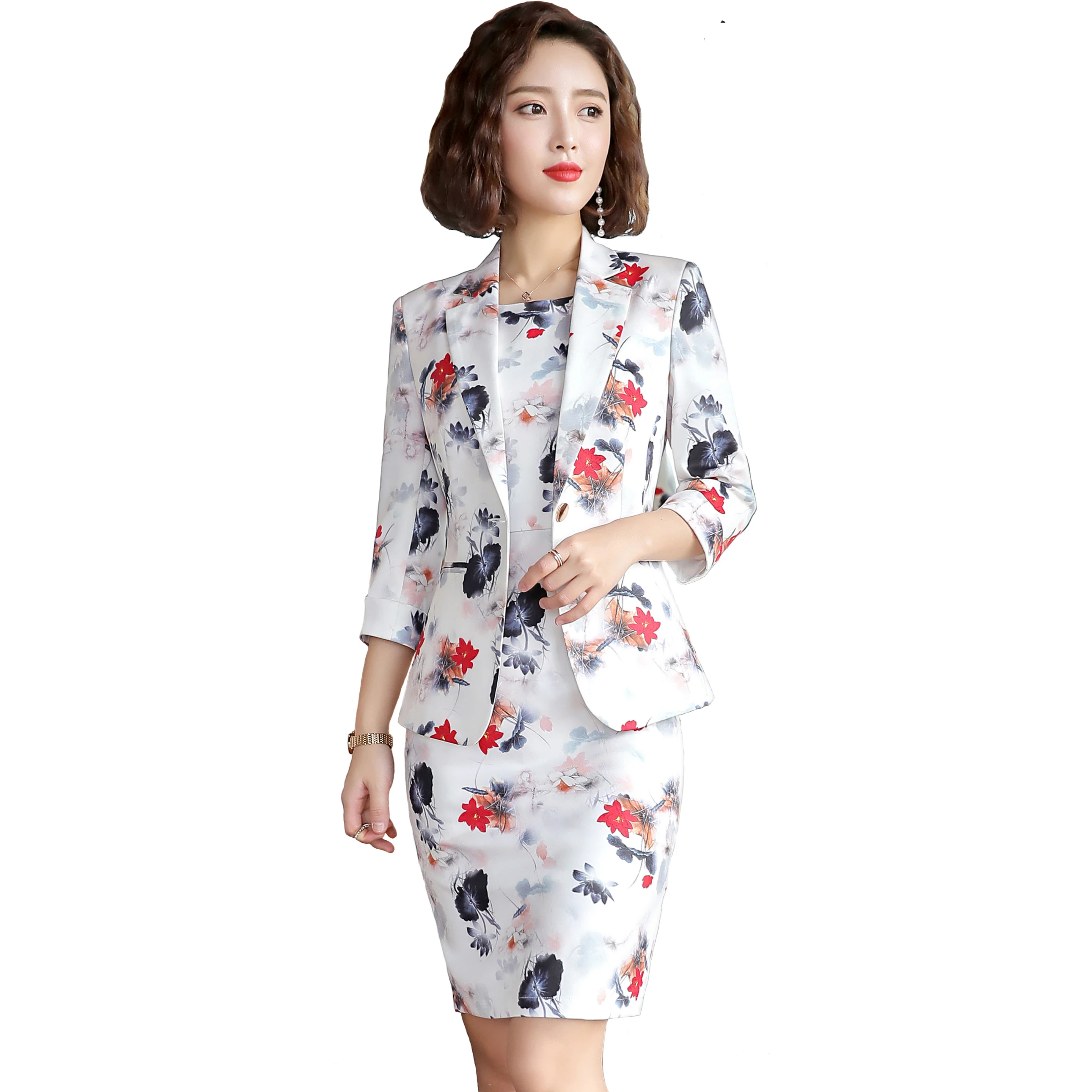 Женский офисный костюм элегантный облегающий пиджак с рукавом 3/4 и цветочным