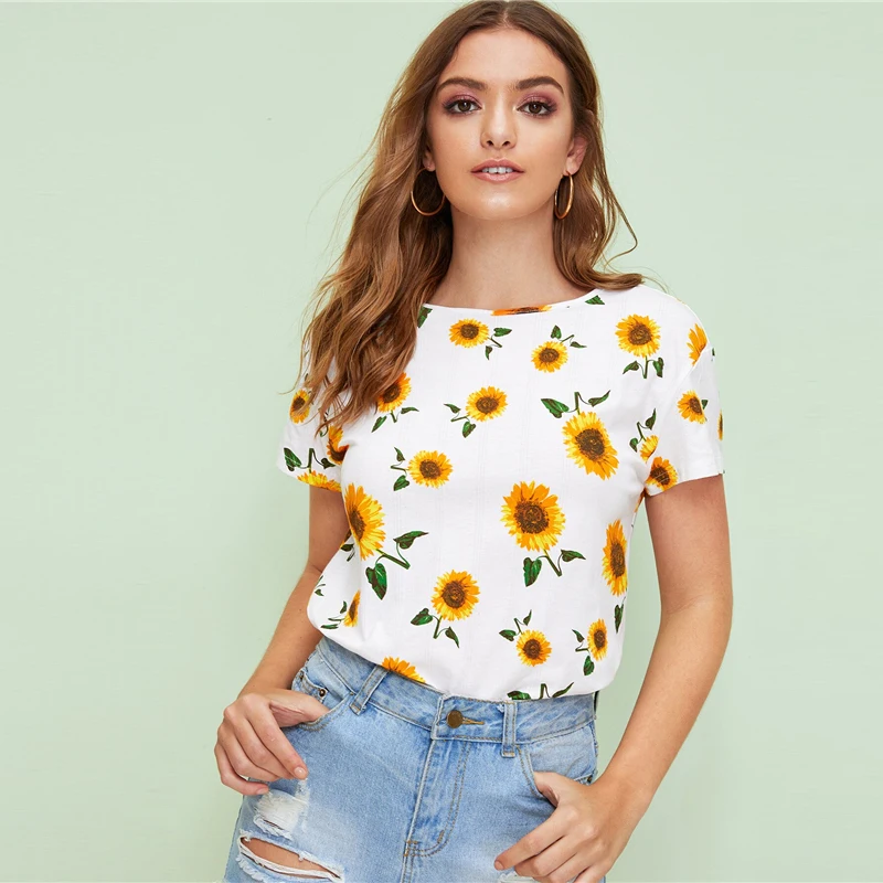 SHEIN топ с принтом подсолнуха женская одежда Повседневная Белая Летняя футболка с коротким рукавом и круглым вырезом Корейская одежда топы
