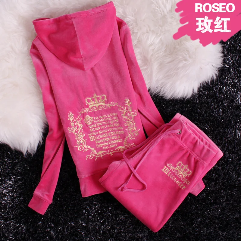 Rose red Спортивный костюм для женщин; сезон весна-осень; Новинка года; Повседневная модная одежда в европейском и американском стиле; цвет золотой, коралловый; бархатная Осенняя спортивная одежда - Цвет: Rose red