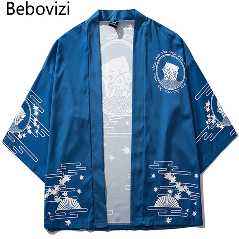 Bebovisi японский стиль с принтом кота тонкое кимоно мужская Японская уличная одежда синие куртки повседневная верхняя одежда