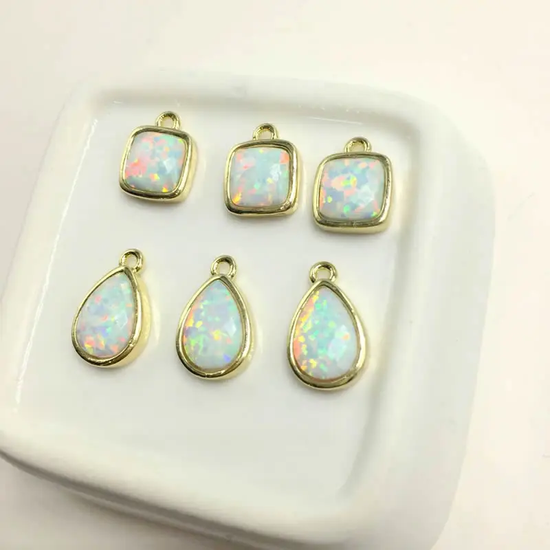 5PCS Bezel Gold Color Square Tear drops White Japanese Opal Small pendant Charms Man-made Opal Eardrop Beads Creative jewelry