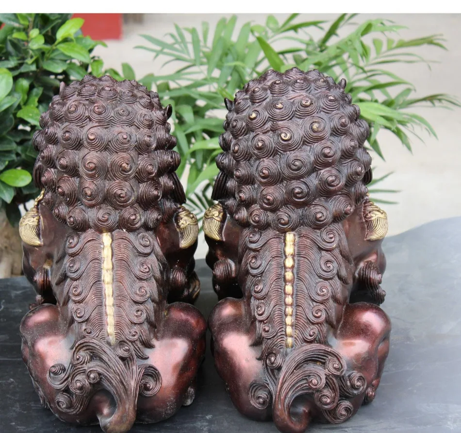 Пара лекарств старый 12 дюймов китайский бронзовый позолоченный Хранитель собака