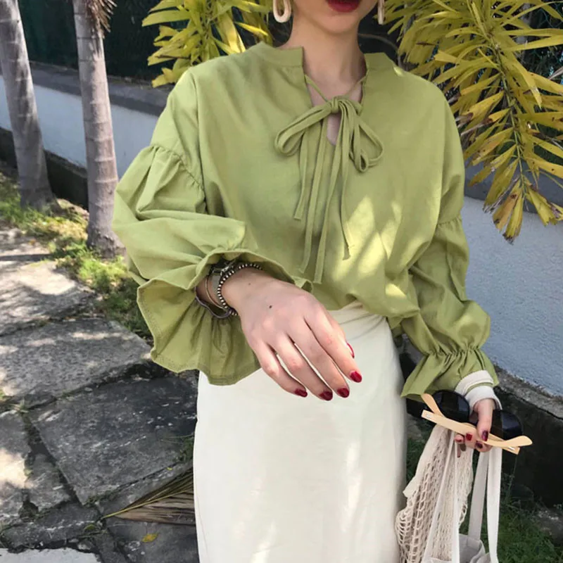 Summer Women Shirts 2018 Korean Fashion Chic Green Black Tops Loose Sunscreen Female Sweet Puff Sleeve Slim Blouse | Женская одежда
