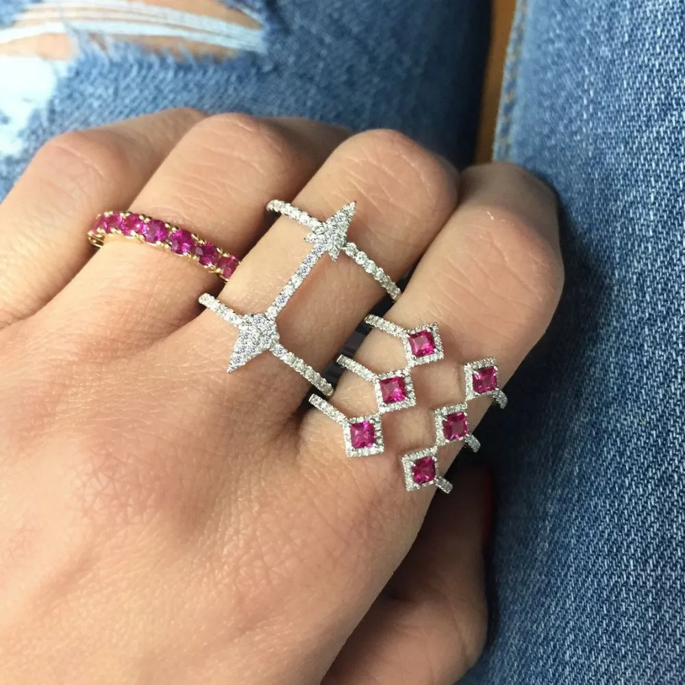 square geometric shape green red blue cubic zirconia silver color wedding engagement ring for women | Украшения и аксессуары