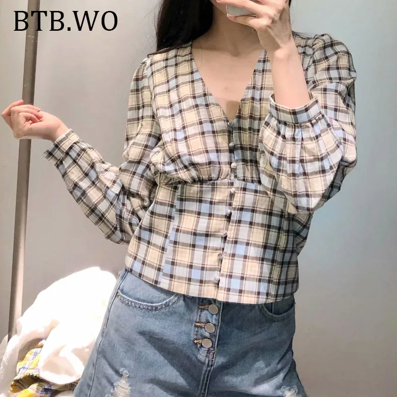 Женские рубашки blusas mujer de moda 2019 с v-образным вырезом клетчатая Повседневная