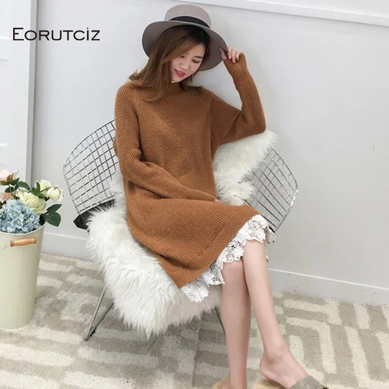 Женское кружевное платье средней длины EORUTCIZ вязаное длинное базовое с высоким