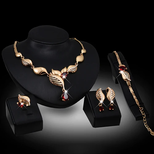 2015 Wedding Gift Leaf Red Crystal Drop Choker Necklace Bracelet Ring Earrings Set | Украшения и аксессуары