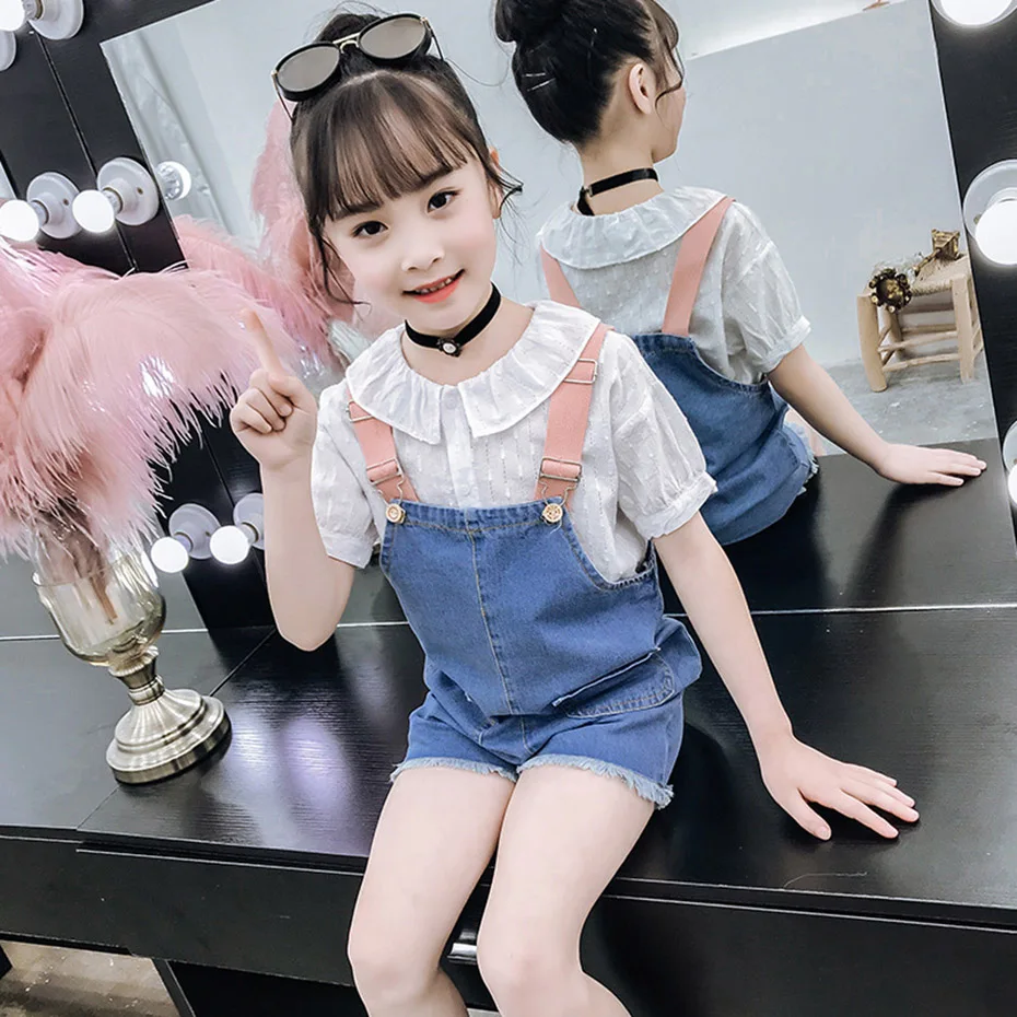 Комплект одежды для девочек белая блузка + джинсовый комбинезон летняя одежда из