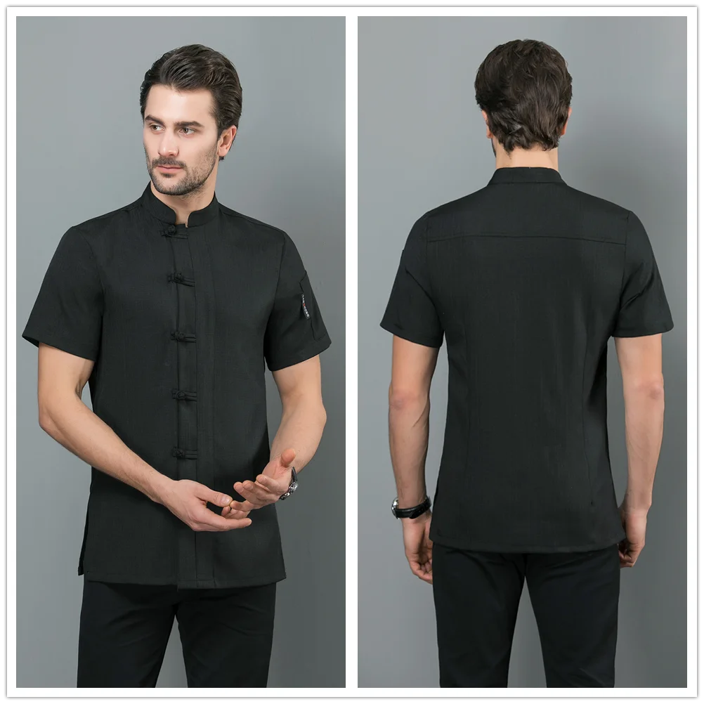 2019 Summer Unisex White Black Chef Jacket Barber Shirt Restaurant Kitchen Solid Color Short Sleeve Linen Work Uniform|Пиджак