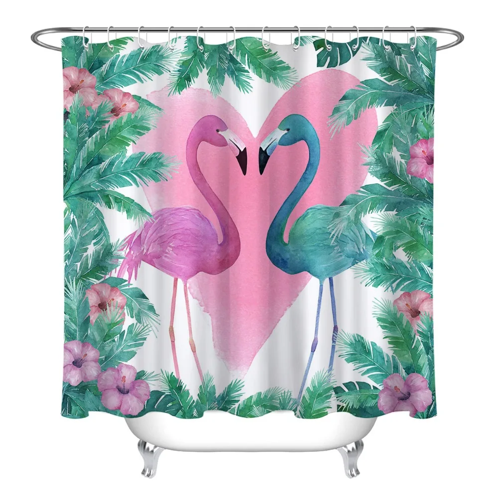 

72'' Bathroom Waterproof Fabric Shower Curtain 12 Hooks Bath Accessory Sets Watercolor Flamingos With Pink Heart Tropical Leaves
