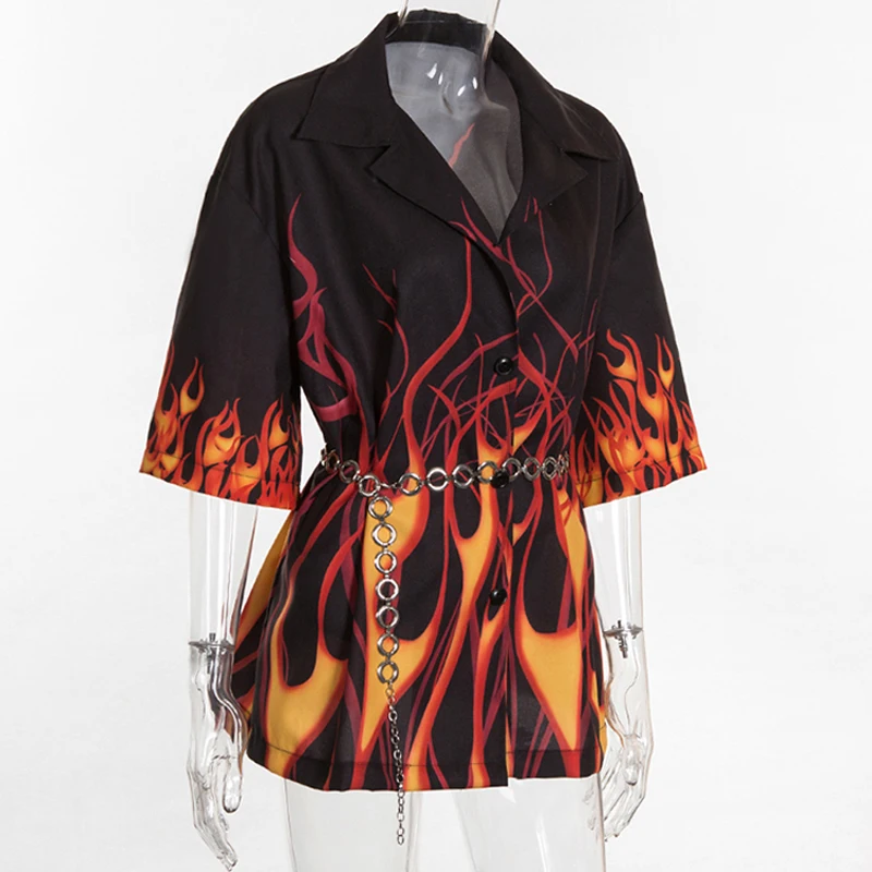 Женская рубашка новая летняя женская рубашка Harajuku Hell Flame рубашка свободная длинная Ретро рубашка с поясом подходящая по цвету рубашка с коротким рукавом