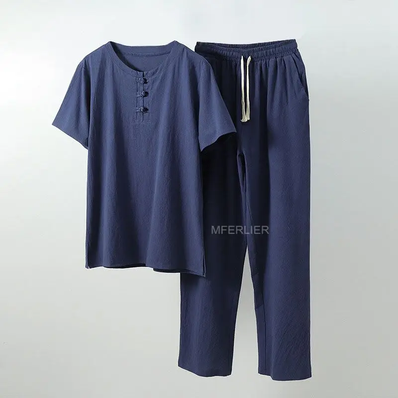 MFERLIER Летняя мужская рубашка 5XL 6XL 7XL 8XL 9XL 10XL бюст 157 см размера плюс льняная рубашка большого размера с брюками мужские 5 цветов