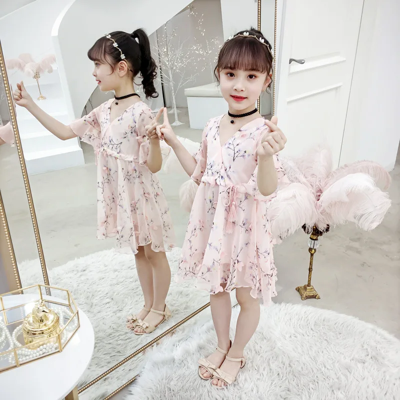 Kids Dresses for Girls 2019 Summer Dress Toddler Children V-neck Chiffon 2 3 4 5 6 7 8 9 10 11 12 13 Years | Детская одежда и