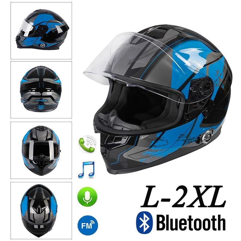 Мотоциклетный Bluetooth шлем с двойным козырьком полным лицом встроенный домофон + FM