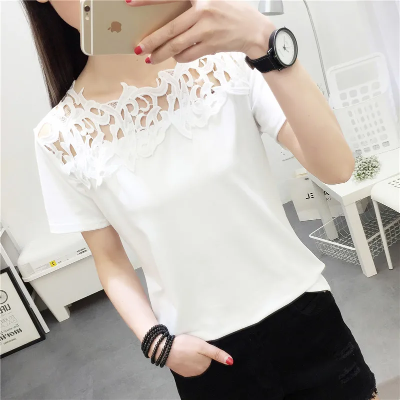 Women Clothing Summer Korean Women's Top Loose Lace Asymmetric Solid Color Slim Short Sleeve T-Shirt Shirt | Женская одежда