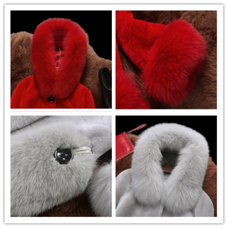 

2019 New Autumn Winter Women Fur Coat Thick Fox Fur Collar Shorn Sheep Skin Jacket Fashion Solid Mid-length One Fur Coats CW197