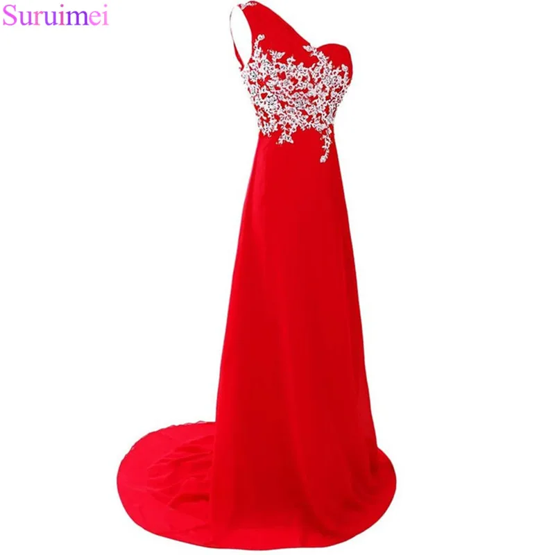 

Женское шифоновое платье на одно плечо, красное Элегантное Длинное платье с аппликацией и кристаллами, для выпускного вечера, 2018