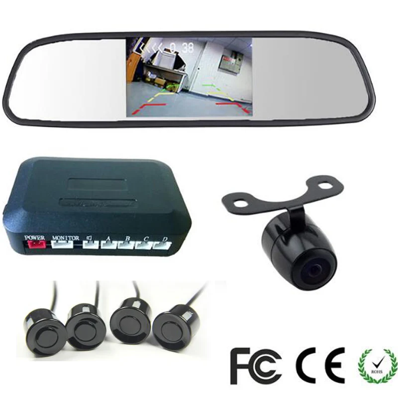 3in1 Car Video Parking Assistance, 4.3 Inch TFT Auto Mirror Monitor With HD Rear View Camera and Reversing Radar Sensor System