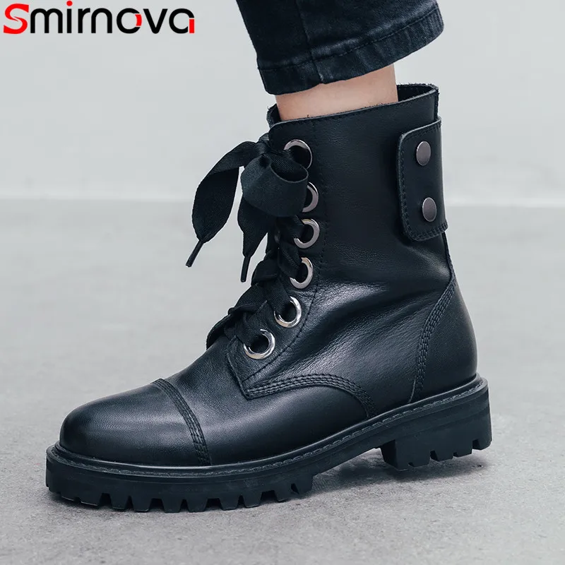 Smirnova/ г.; Модные ботильоны для женщин; ботинки из натуральной кожи с круглым носком; обувь на среднем каблуке; черные классические мотоботы