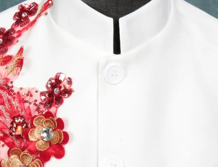 stand collar mens Chinese tunic suit set pants wedding Sequin embroidery singer chorus stage trajes para hombre white red | Мужская