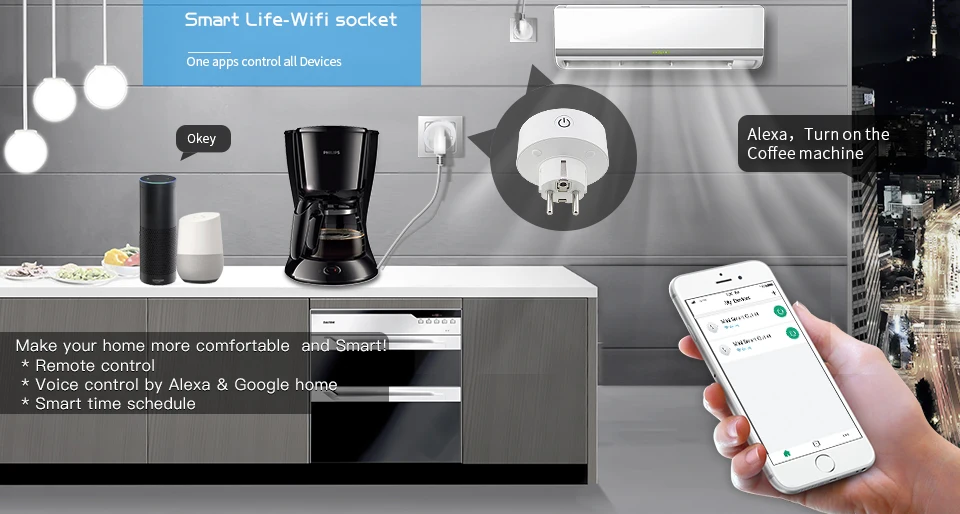 Wifi умная розетка EU Plug 220 V 10A пульт дистанционного управления умный выбор времени переключатель работы для Amazon Alexa/Google Assistant