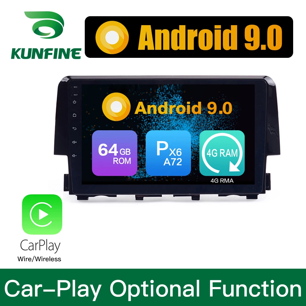 Автомобильный DVD-плеер KUNFINE Android 9.0 Ram 4G Rom 64G PX6 Cortex A72 с GPS и мультимедийными функциями для Honda Civic 2016.