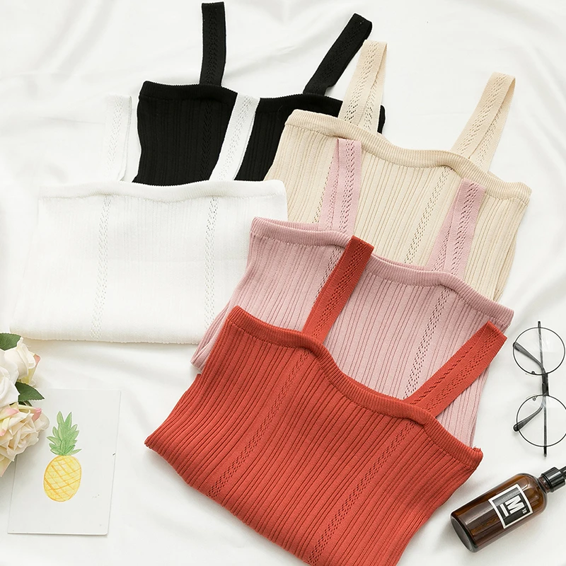 2019 knitting Crop Top Women Hollow Out Elegant Tank Tops Tees Sleeveless Short Tee Shirt High Street Party White Beige Pink | Женская