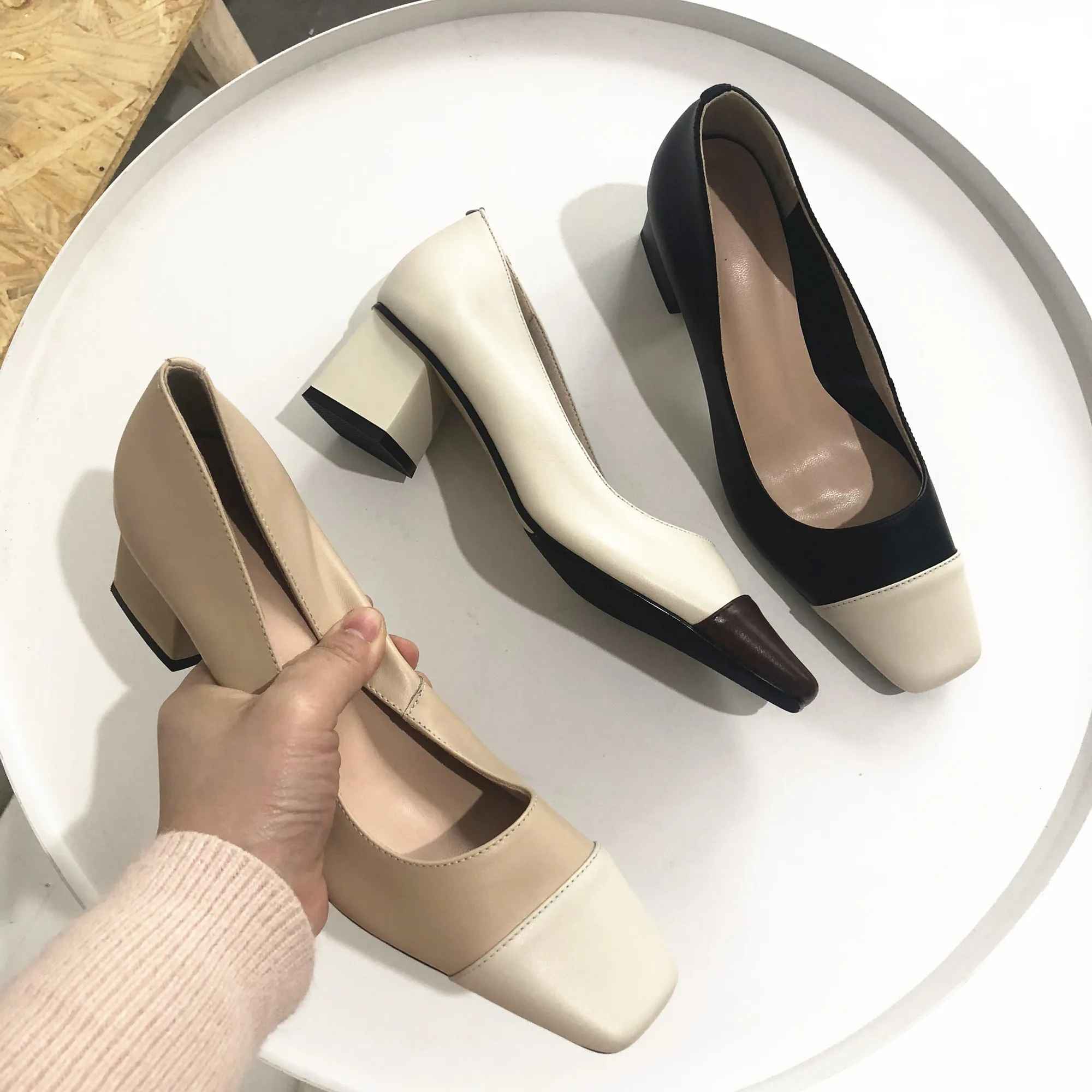 

3 Color plus size 33-43 women's genuine leather mix color pumps square toe patchwork OL style slip-on high heels shoes on sale
