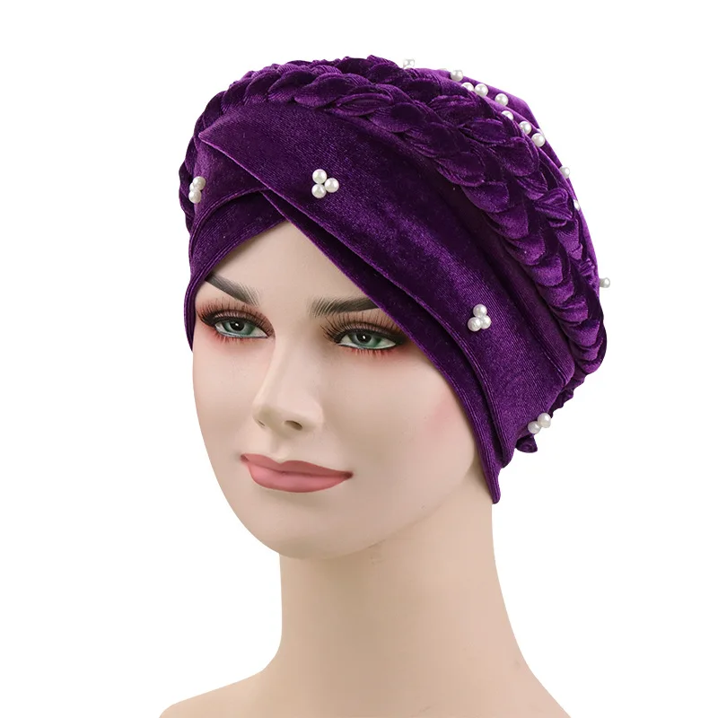 velvet beads head hijab caps turban indian hair bands for women muslim headbands headscarf hats braid Bandanas girls