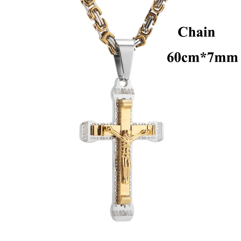 Jesus Mens Chain silver/Gold Tone Link chain Stainless Steel Cross PENDANT NECKLACE 24'' - Окраска металла: withByzantine Chain
