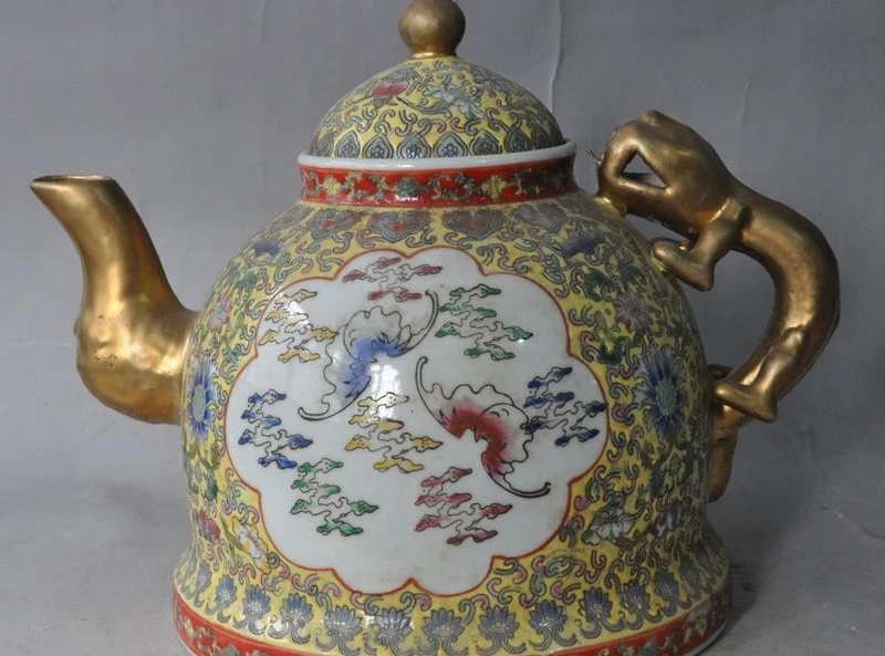 13 &quotКитайский wucai глазурь фарфоровый цветок зверь ручка статуя винный чайник