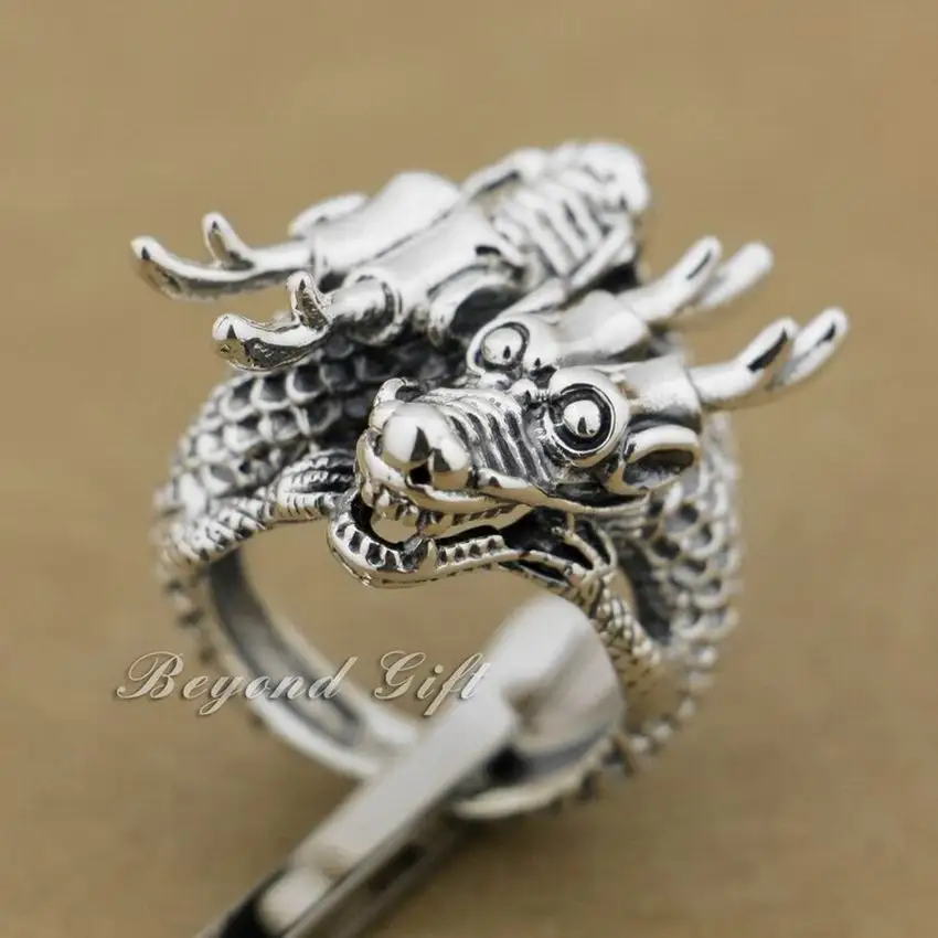 

LINSION Huge Heavy 925 Sterling Silver Double Dragon Head Mens Biker Rock Punk Ring 9Q014 US Size 7 to 15