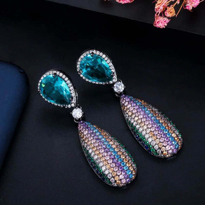CWWZircons Micro Pave кубический цирконий камень длинные висячие капли радуга цвет обручение серьги на свадебную вечеринку для женщин CZ567