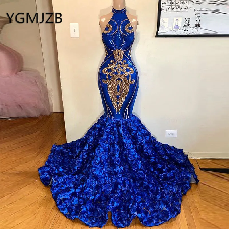 

Black Girl Royal Blue Mermaid Evening Dresses High Neck Lace 3D Flowers Train Prom Gown 2019 African Women Formal Party Dress
