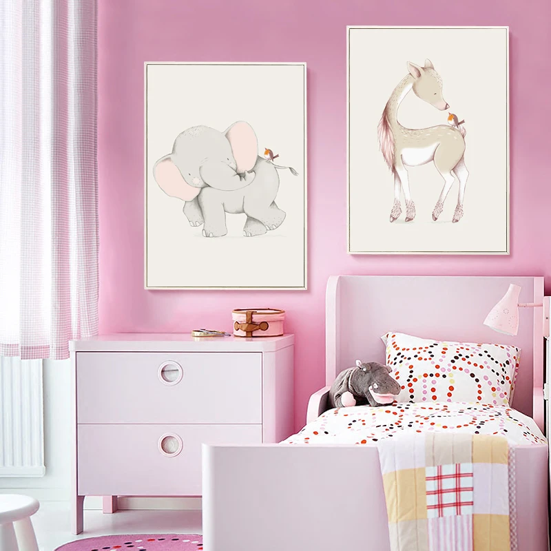 Nordic Minimalist Cute Hand-painted Watercolor Cartoon Animal Deer Rabbit Canvas Art Print Poster Picture wall Decoration | Дом и сад