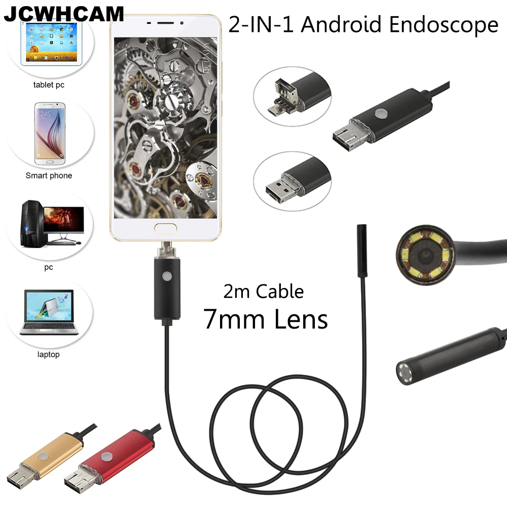 

Водонепроницаемый USB-эндоскоп JCWHCAM, 2 м, 6 светодиодный, IP67, камера-Бороскоп, объектив 7 мм, зеркало в подарок