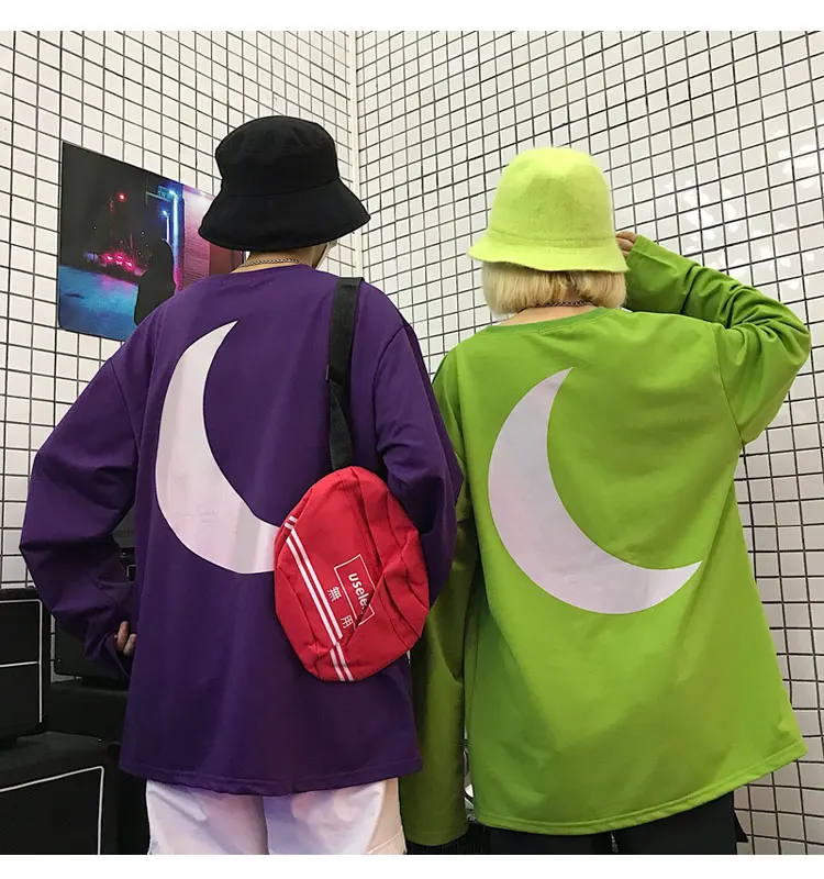 Harajuku Для женщин 3м Reflective лунный свет принт, модная футболка с круглым вырезом и длинными рукавами, в стиле «хип-хоп»; зеленый; фиолетовый; Повседневная футболка футболки гриппов Размеры