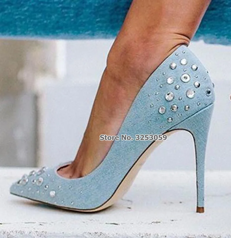 

ALMUDENA Lady Light Blue Denim Bling Bling Crystal High Heel Pumps Sexy Jeans Glitter Rhinestone Decorated Dress Shoes Dropship