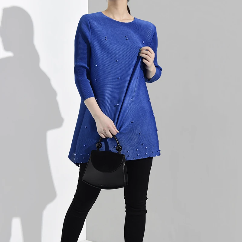 LANMREM Новая модная женская рубашка с длинными рукавами женские толстовки Vestido с круглым вырезом с длинными рукавами плиссированная рубашка с жемчугом NA94806