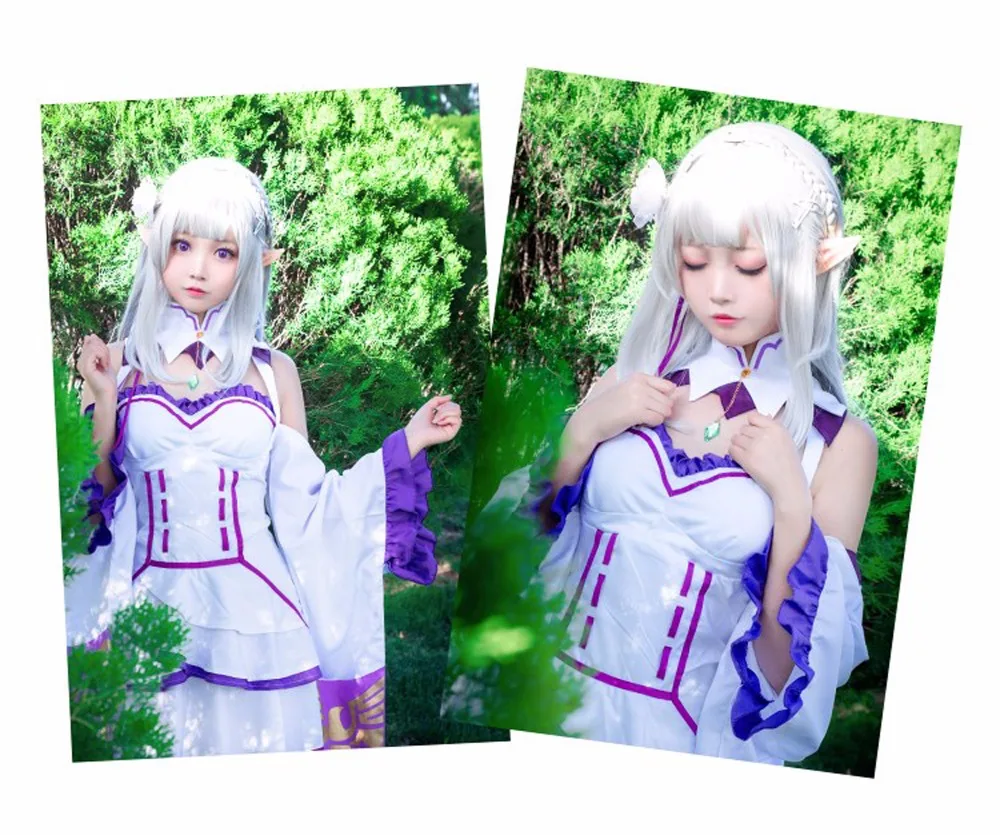 Re Zero Hajimeru Isekai Seikatsu Emilia костюм для косплея(платье* 1 шт., чулок* 2 шт., головной убор* 1 шт