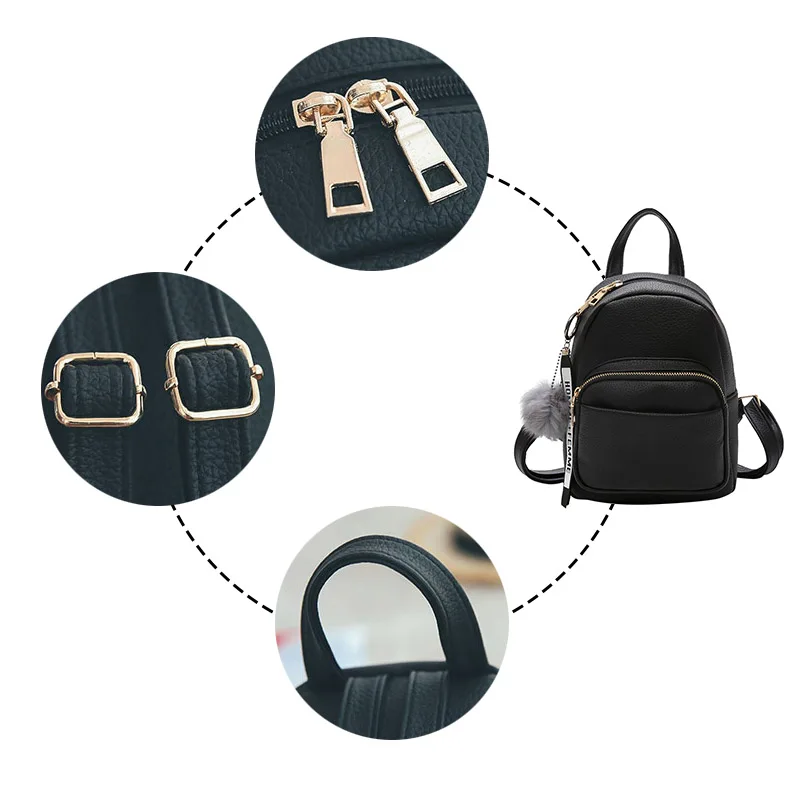 Wobag Мини женские рюкзаки из искусственной кожи студенческий пушистый шар кулон плеча школьные сумки женский маленький дорожный Рюкзак Черный